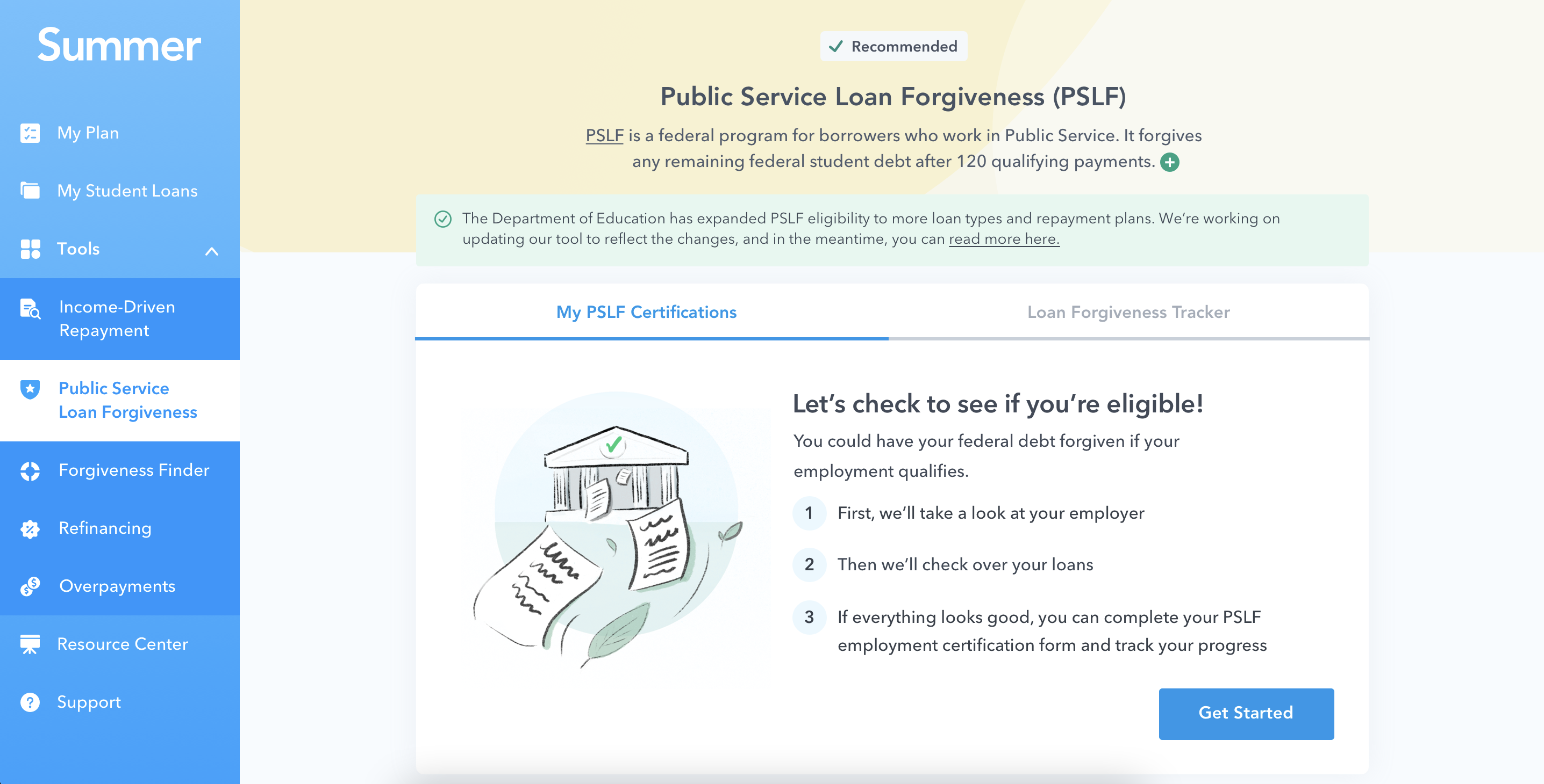 Screen grab showing the home page for the PSLF certifications. 
The interface is broken down into simple steps and easy to navigate tabs. 