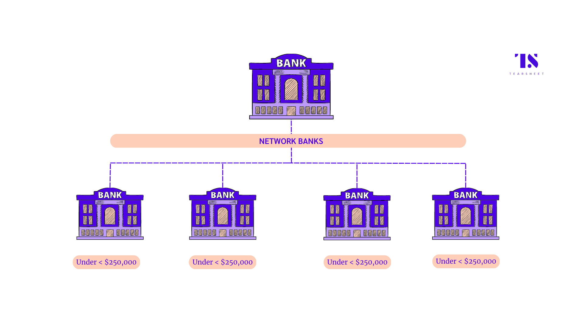 A relationship diagram showing how sweep networks work. Customers can split their deposits in chunks of $250,000 across a slew of network banks. 