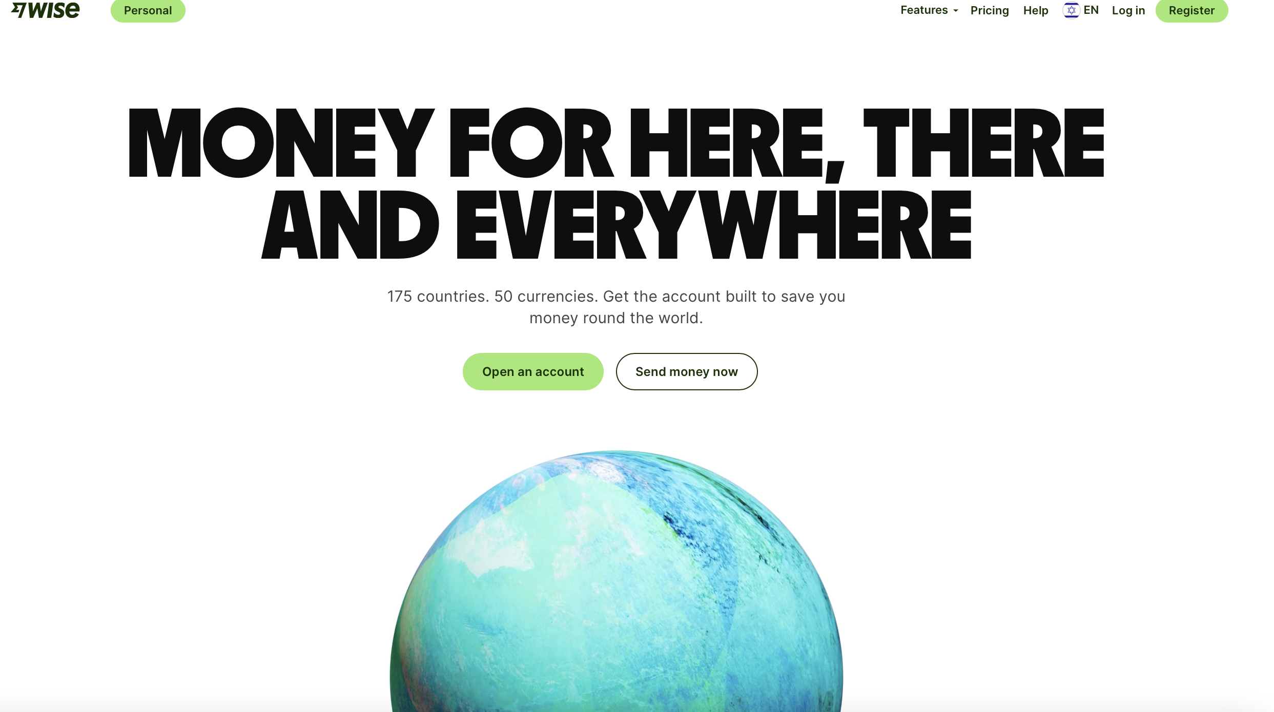 The rebrand has changed Wise's official fonts to big chunky and blocky letters. The pictures features a pastel blue-green globe with soft paper-like textures. 