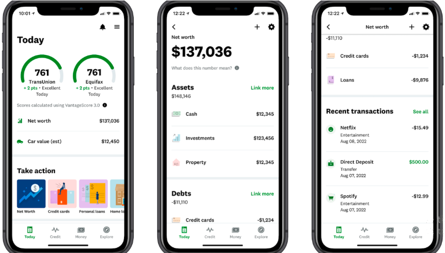 The screen is showing Credit Karma's Net Worth offering that links members' financial accounts to provide them insights. The real-time snapshot shows them their financial standing.