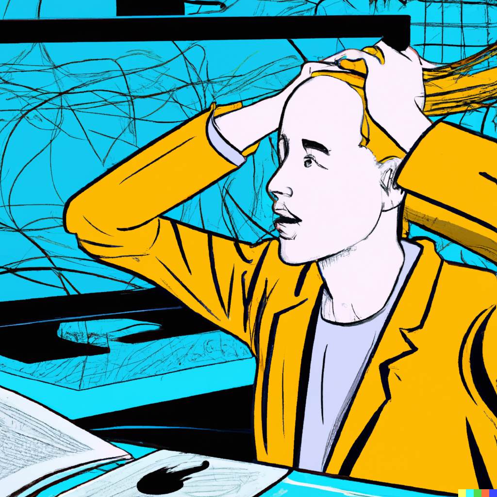 A comic style art work showing a woman dressed in yellow grabbing her hair looking exasperated. In the background is a computer and several documents. 