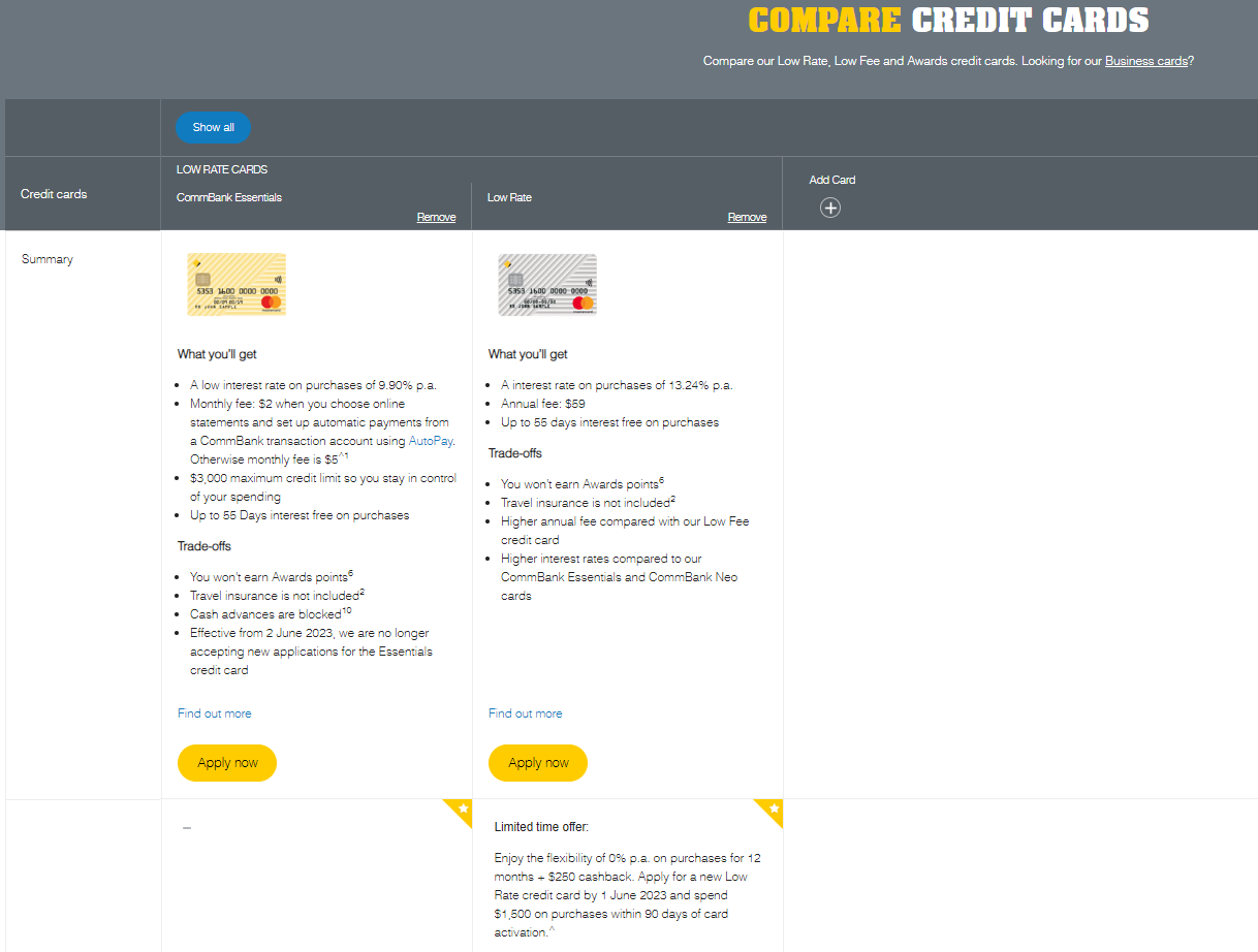A screenshot of the Compare Credit Cards tool by the Commonwealth Bank of Australia. When users click on the radio buttons provided above each listing of a card, they can then use the compare button to cut down on the amount of cards they see. The design is a bit too overwhelming but highlight key information. 