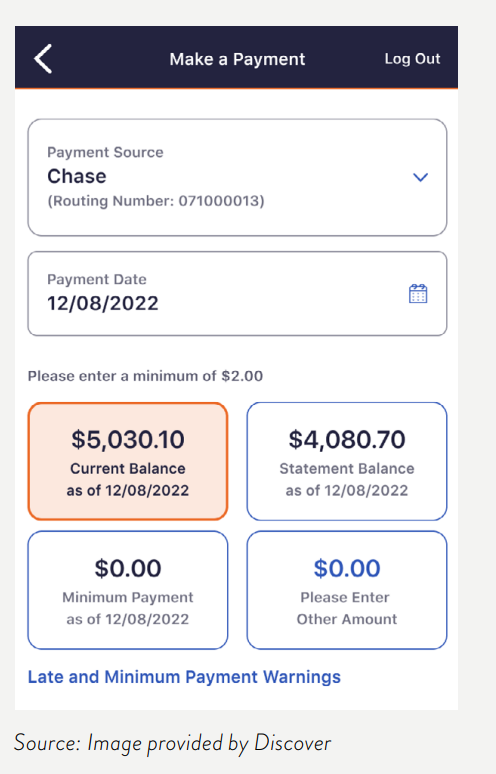 A screenshot of the Discover app provided by the Financial Health Network. Which shows that customers are given the minimum payment amount as text but the clickable tiles show higher amounts such as the current or statement balance. 