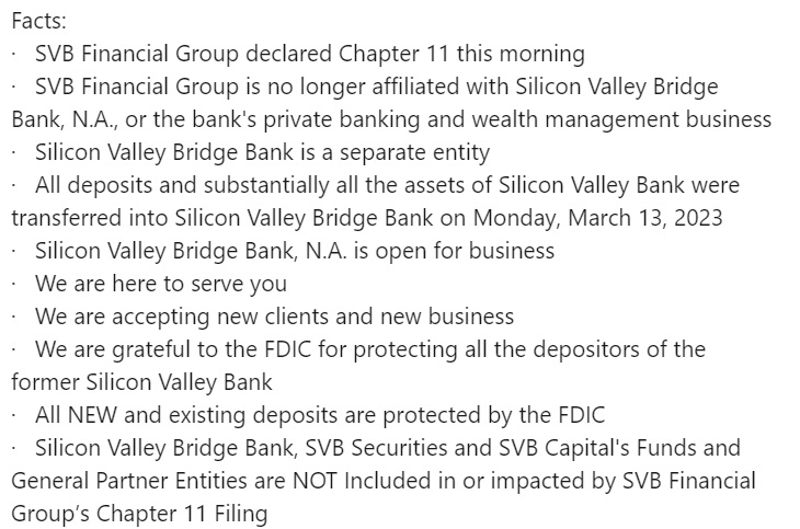 A screenshot of Shane Ballew's LinkedIn announcement, which states that Silicon Valley Bridge Bank is separate entity from Silicon Valley Bank.  It also states that SVB 2.0 is open for business. 