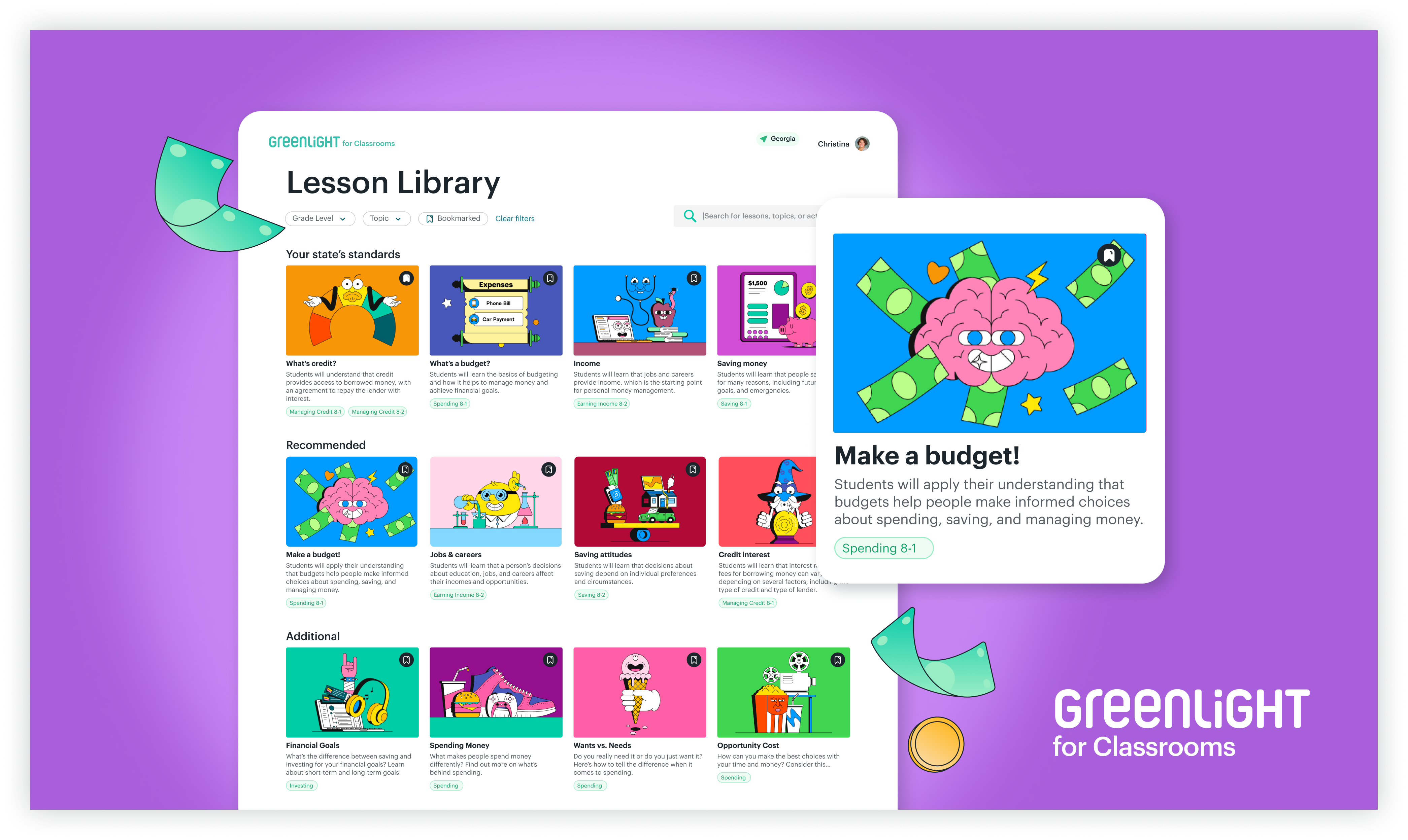 A picture of the lesson library of Greenlight for Classrooms. Each lessons has engaging and colorful art as feature  images. The lessons cover topics like credit, saving attitudes, and opportunity cost. 