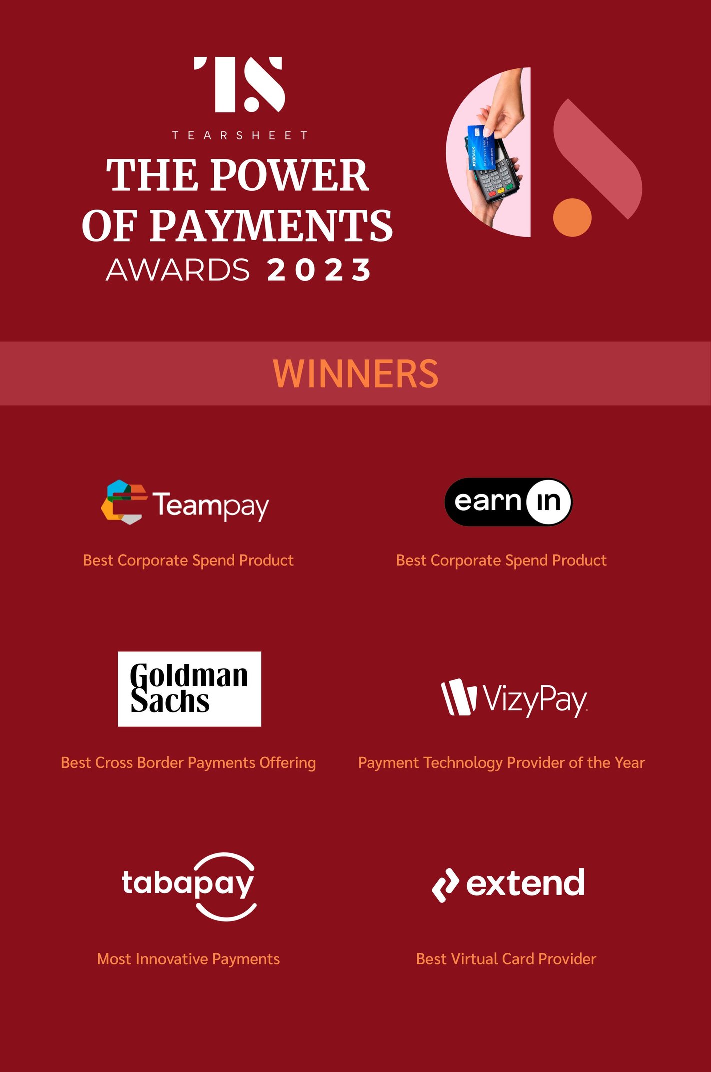 past winners of Tearsheet's The Power of Payments Awards